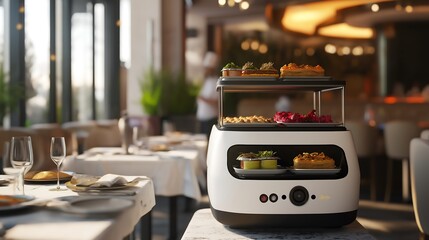 Autonomous restaurant robot moving between tables with multiple food trays on its platform.