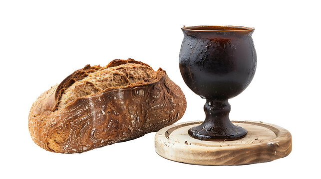 A loaf of bread and a chalice of wine, representing communion, isolated on white, cut out 
