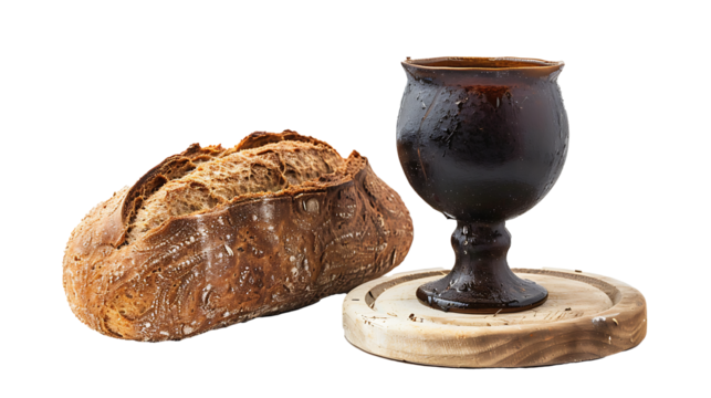A loaf of bread and a chalice of wine, representing communion, isolated on white, cut out 