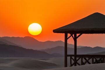 A camel caravan trekking across the golden dunes of the Arabian Desert under a stunning sunrise