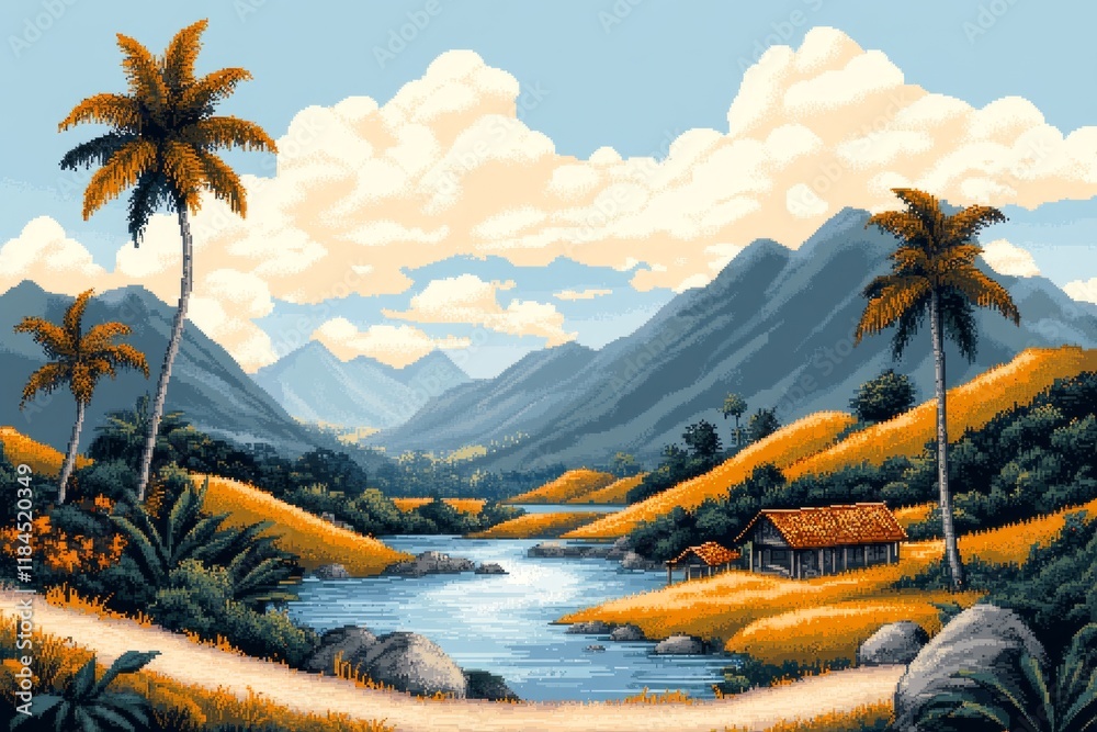 Poster a charming pixel art depiction of ubud rice terraces, with animated palm trees swaying and water flo