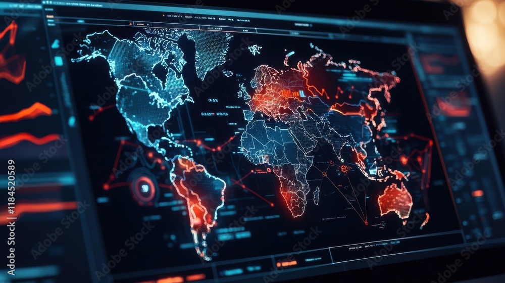 Poster futuristic global digital intelligence monitoring system with world map and data visualization