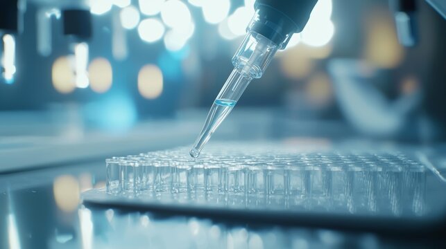 photography of a scientific pipetting into a eppendorf tube, realistic laboratory process, light colors 