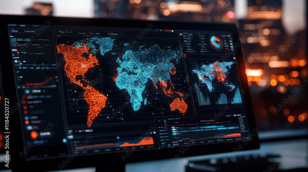Poster futuristic global digital data monitoring and intelligence visualization interface