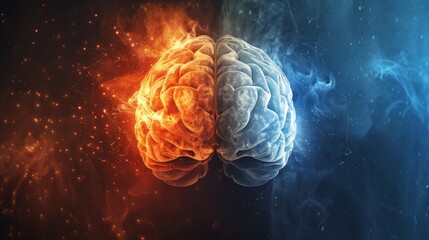 Fototapeta premium Conceptual illustration of the human brain showcasing the right creative hemisphere versus the left logical hemisphere. Abstract science, education, and medical background.