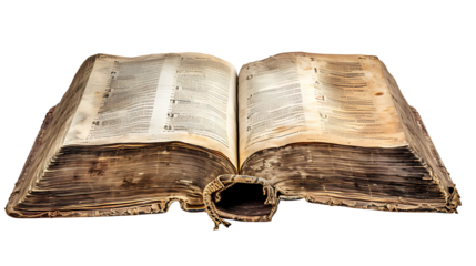 A Bible opened to Psalms, light radiating from its pages, isolated on white, cut out 