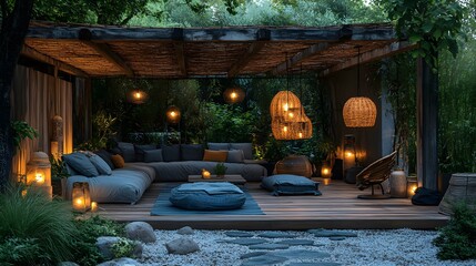 Relaxing outdoor patio with simple furniture, soft lighting, and potted plants for a serene atmosphere
