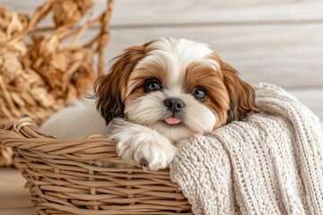 A close-up of a Shih Tzu puppy with big round eyes and a tiny pink tongue peeking out