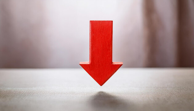 Red wooden arrow pointing down. Business collapse, regression, decline.