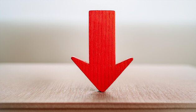 Red wooden arrow pointing down. Business collapse, regression, decline.