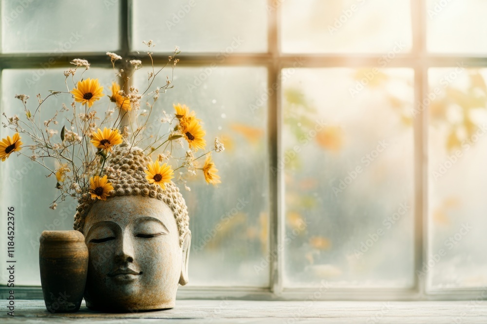 Poster a close-up of a golden buddha statue, with soft sunlight streaming through the windows of the ubosot