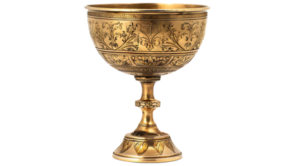 A golden chalice with a cross engraved, isolated on white, cut out 