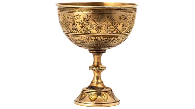 A golden chalice with a cross engraved, isolated on white, cut out 