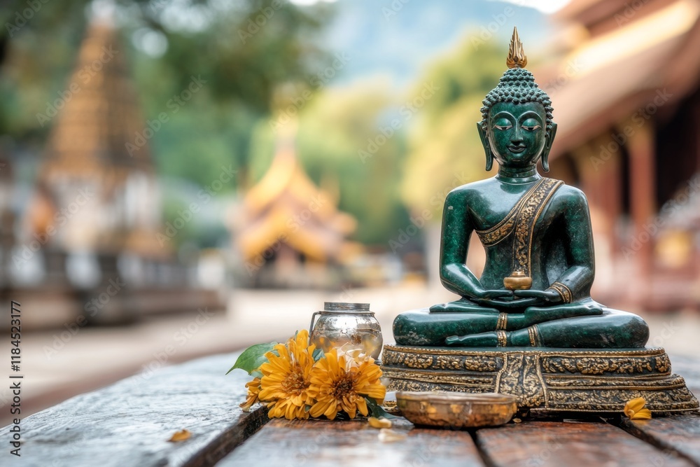 Poster a close-up of the emerald buddha statue, its surface reflecting light, seated serenely on a golden p
