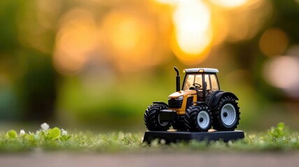 Obraz premium Miniature tractor on grass with blurred sunset background