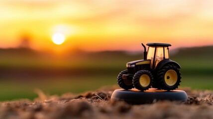 Obraz premium Mini toy tractor on field during sunset