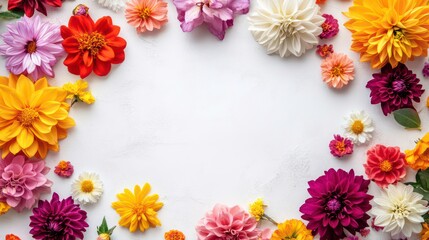 Obraz premium Vibrant floral frame with colorful daisies and dahlias on white background