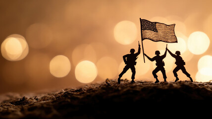 Fototapeta premium Silhouettes of soldiers raising flag in battle scene