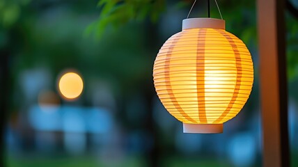 Obraz premium Glowing paper lantern hanging outdoors at night among blurred lights