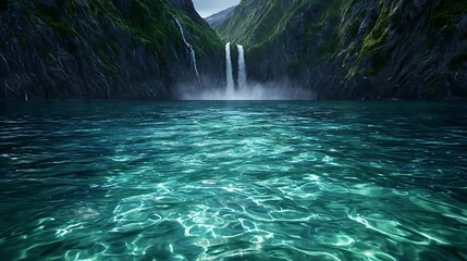 Twin waterfalls cascading into a serene, teal lake nestled between lush green cliffs.