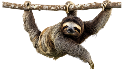 A sloth hanging from a tree branch, isolated on white, cut out 