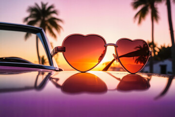 Retro Heart Sunglasses in Pink Sunset Vibes with Palm Trees Silhouette with Copy Space