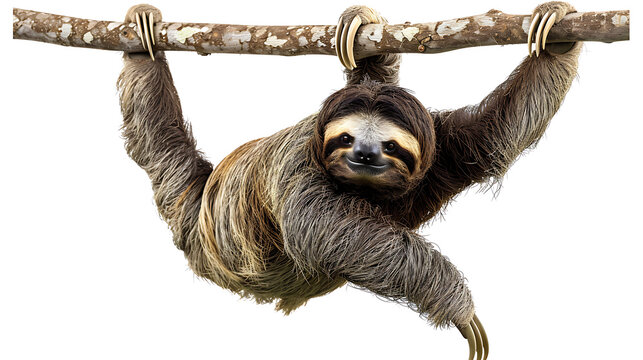 A sloth hanging from a tree branch, isolated on white, cut out 