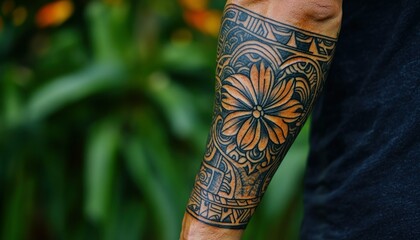 Intricate Tribal Tattoo Sleeve Featuring a Central Flower Motif with Detailed Line Work and Bold Contours, Against a Blurred Greenery Backdrop,