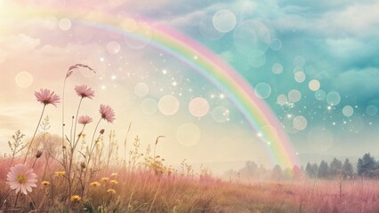 Wildflowers with a vibrant rainbow and dreamy pastel bokeh background