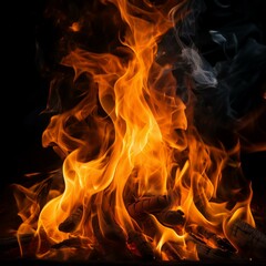 A close-up of a blazing fire with vibrant flames, flickering against a black background, creating a dramatic contrast and glowing warmth