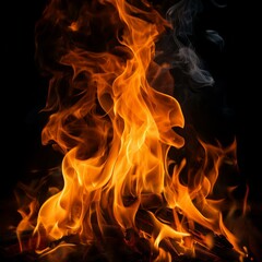 A close-up of a blazing fire with vibrant flames, flickering against a black background, creating a dramatic contrast and glowing warmth