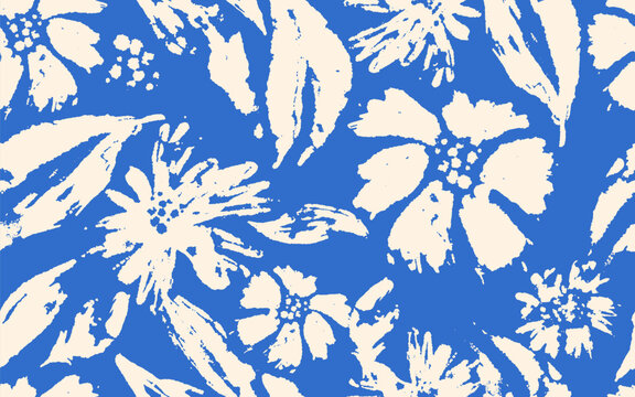 Fototapeta Seamless pattern hand drawn flowers with brush style texture on blue background. Brush stroke white floral pattern. Design element flower pattern. Vector illustration brush pattern.