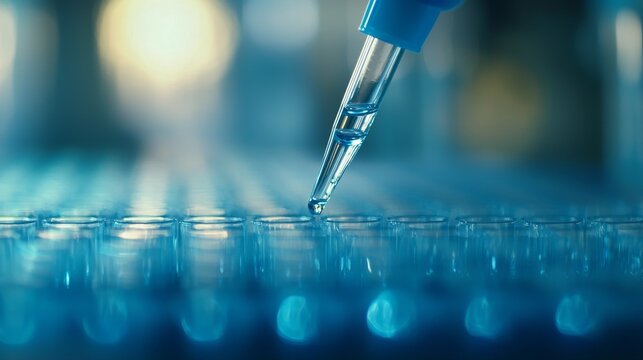 photography of a scientific pipetting into a eppendorf tube, realistic laboratory process, light colors 