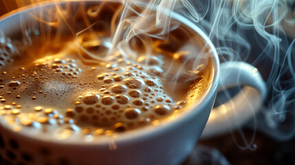 Close-up of a steaming hot beverage in a mug. Rich brown liquid with bubbles and rising vapor. Warm, inviting, and aromatic. Ideal for illustrating comfort and refreshment.

