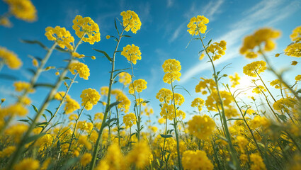 Yellow flowers blooming in field under blue sky and sun