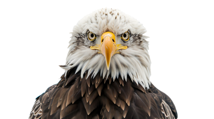 A regal bald eagle in a striking pose, isolated on white, cut out
