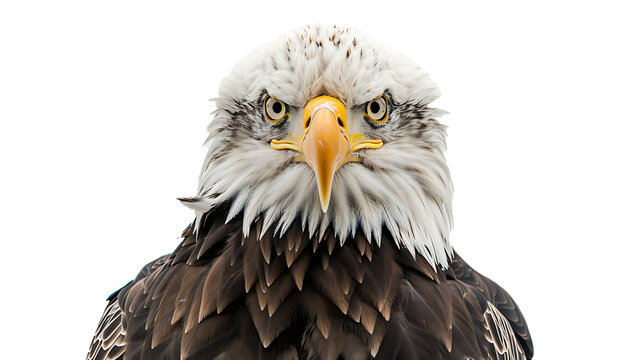 A regal bald eagle in a striking pose, isolated on white, cut out