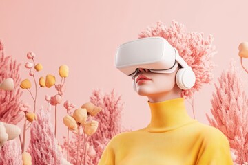 A dynamic 3D illustration of a user exploring a virtual workspace with floating screens and animated productivity tools