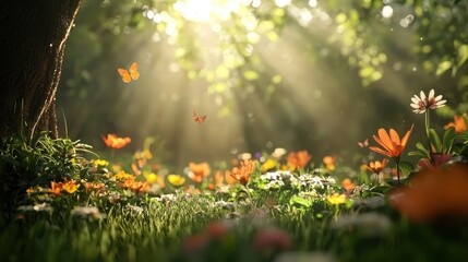 Fototapeta premium Sunlight Streaming Through Lush Forest Greenery with Vibrant Flowers in Meadow