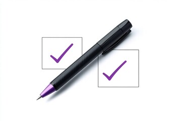 A pen with two purple check marks on it