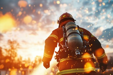A firefighter team responding to an emergency, running with hoses and equipment towards a smoky building