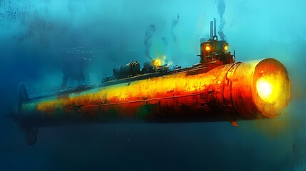 Fototapeta premium Glowing Submarine in Deep Ocean