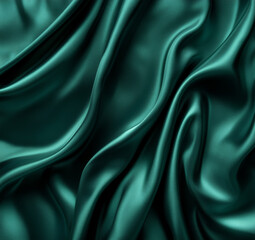 Fototapeta premium Dark jade sea green silk background. Smooth drapery with a shimmering metallic finish and shadowed gradients. Blank template.