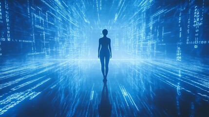 Fototapeta premium Human Figure Walking Through a Digital Data Stream