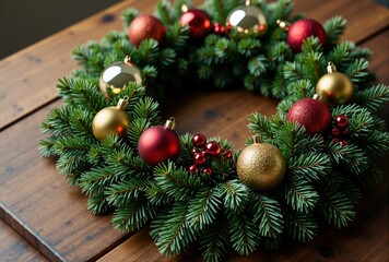 Christmas Wreath with Red and Gold Ornaments