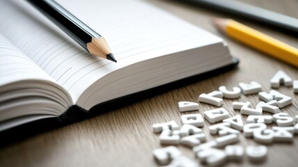 Open book with pencil and letters, on desk