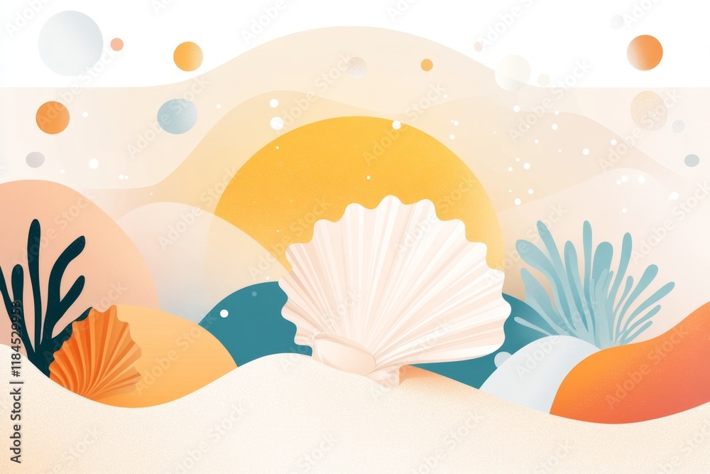 Poster A flat design of a single seashell on a sandy ocean floor, drawn with simple shapes and calming colors