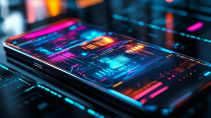 Obraz premium Close-up of a modern smartphone displaying a futuristic user interface, glowing with vibrant colors
