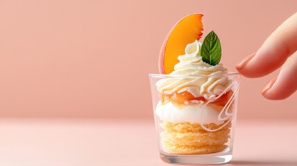 Hand near peach layered dessert in glass with cream and mint
