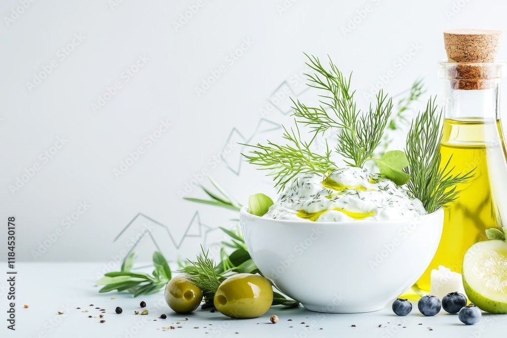 Aufkleber a flat design of tzatziki with olive oil drizzle and a sprig of dill, surrounded by geometric shapes